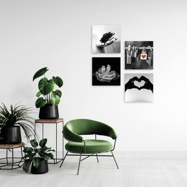 Quadri Stampa su Tela con Telaio in Legno 4 pezzi Tema love in bianco e nero