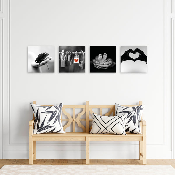 Quadri Stampa su Tela con Telaio in Legno 4 pezzi Tema love in bianco e nero