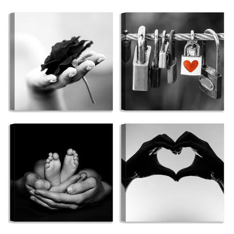 Quadri Stampa su Tela con Telaio in Legno 4 pezzi Tema love in bianco e nero