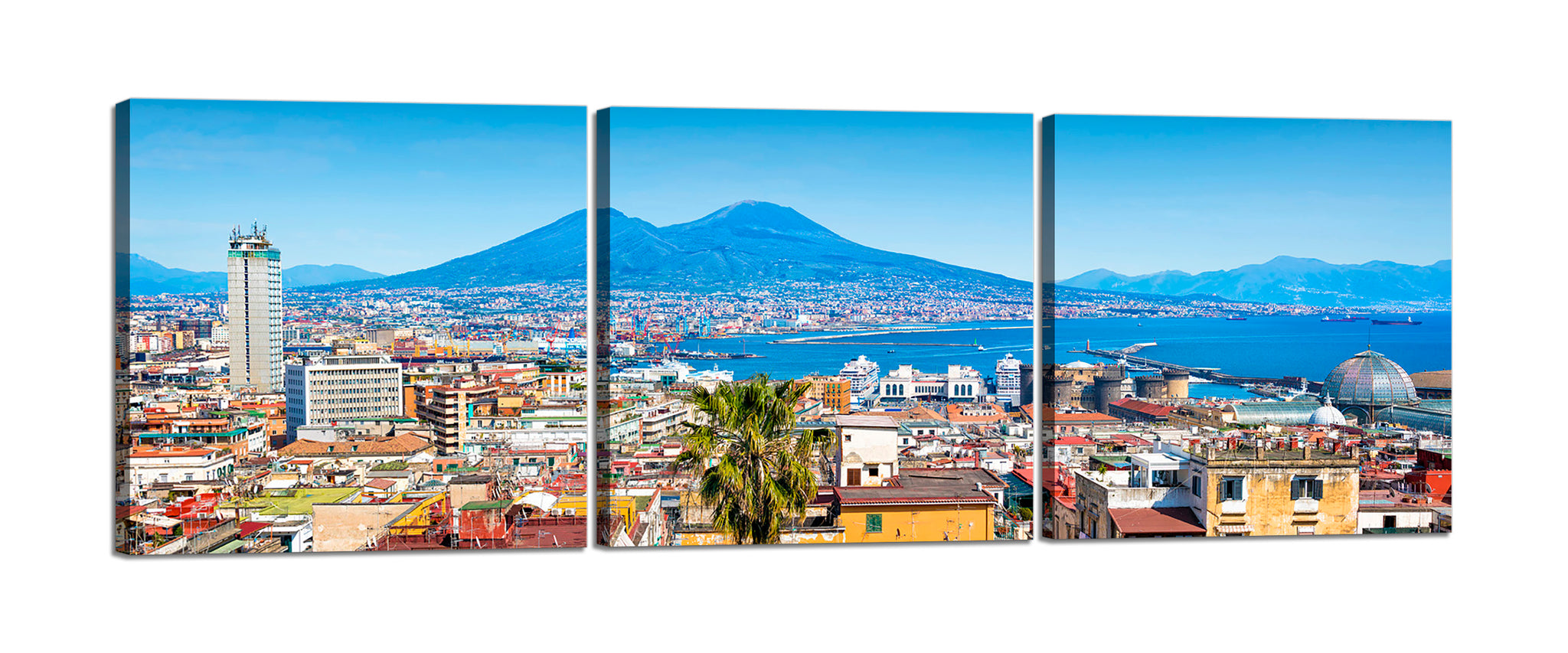 Quadri Stampa su Tela con Telaio in Legno 3 pezzi Panorama Napoli Vesuvio