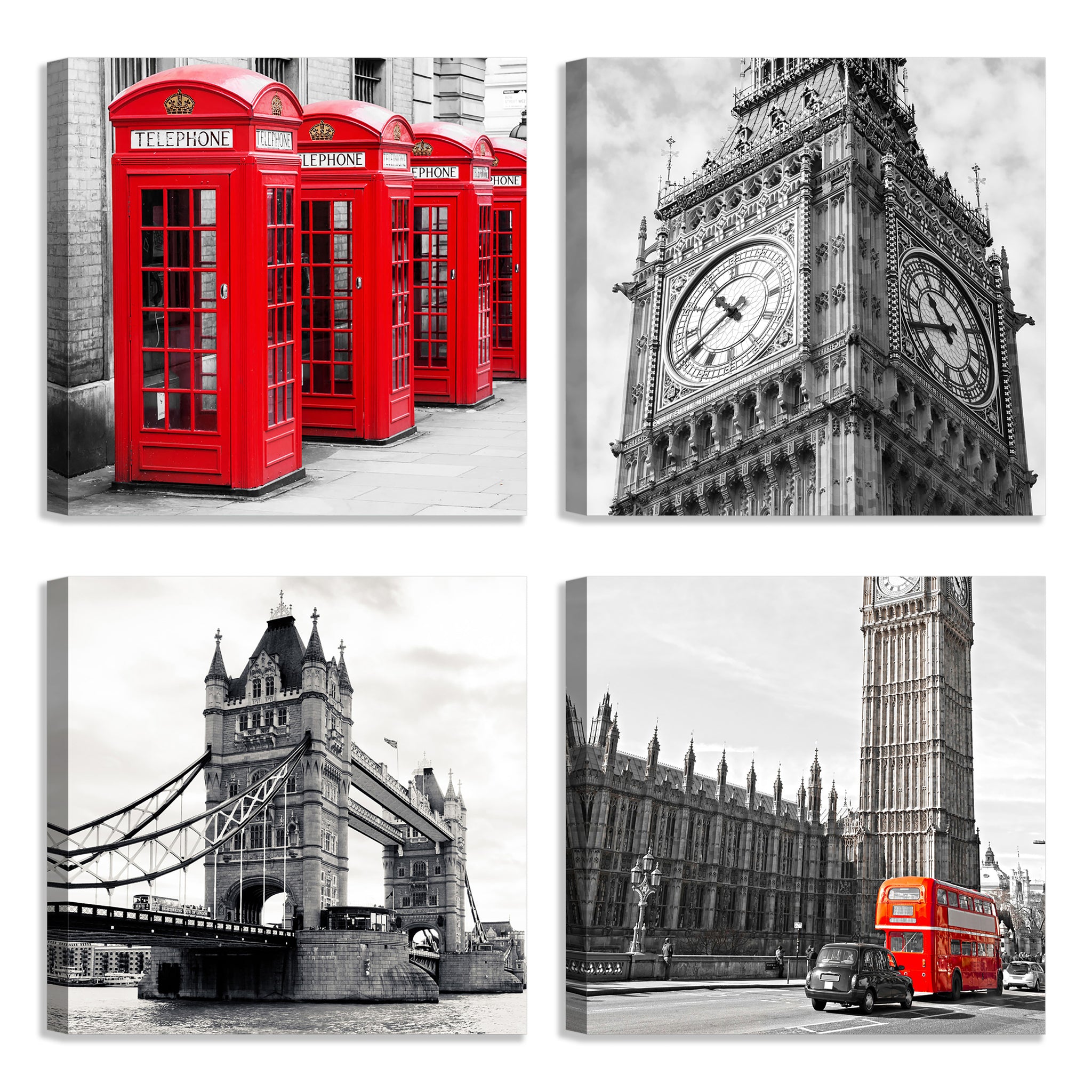 Quadri Stampa su Tela con Telaio in Legno 4 pezzi Londra, Big Ben, Westminster, Telephone in bianco e nero