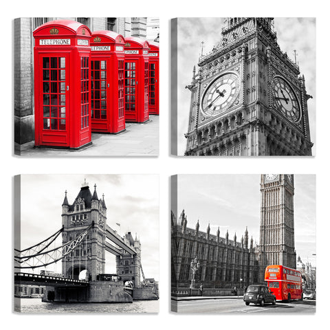 Quadri Stampa su Tela con Telaio in Legno 4 pezzi Londra, Big Ben, Westminster, Telephone in bianco e nero