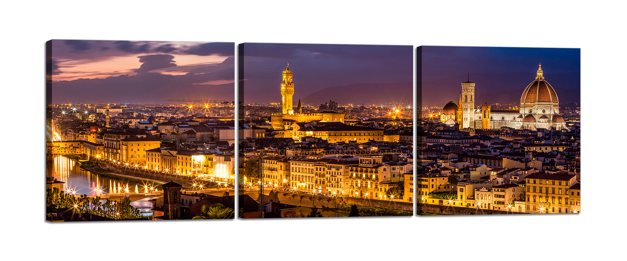 Quadri Stampa su Tela con Telaio in Legno 3 pezzi Panorama Firenze notturno