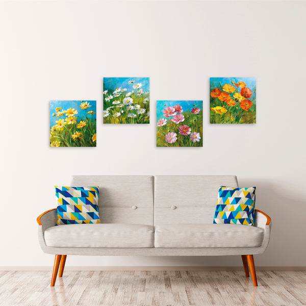 Quadri Stampa su Tela con Telaio in Legno 4 pezzi Fiori astratti colorati
