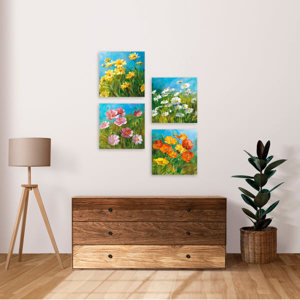 Quadri Stampa su Tela con Telaio in Legno 4 pezzi Fiori astratti colorati