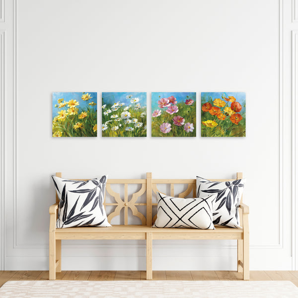 Quadri Stampa su Tela con Telaio in Legno 4 pezzi Fiori astratti colorati