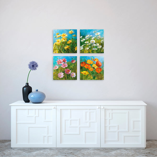 Quadri Stampa su Tela con Telaio in Legno 4 pezzi Fiori astratti colorati