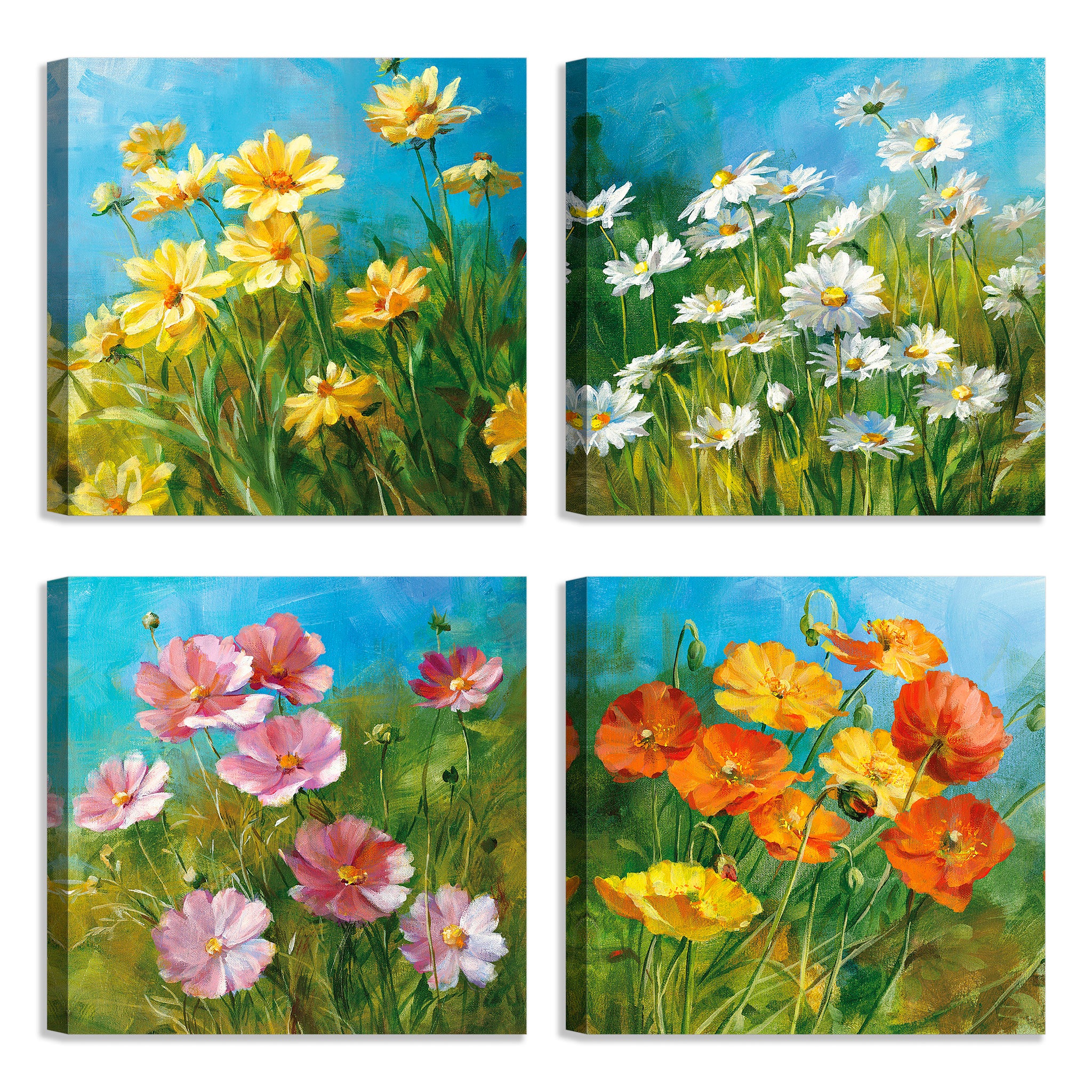 Quadri Stampa su Tela con Telaio in Legno 4 pezzi Fiori astratti colorati