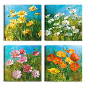 Quadri Stampa su Tela con Telaio in Legno 4 pezzi Fiori astratti colorati