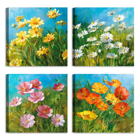 Quadri Stampa su Tela con Telaio in Legno 4 pezzi Fiori astratti colorati