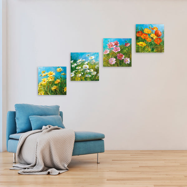 Quadri Stampa su Tela con Telaio in Legno 4 pezzi Fiori astratti colorati