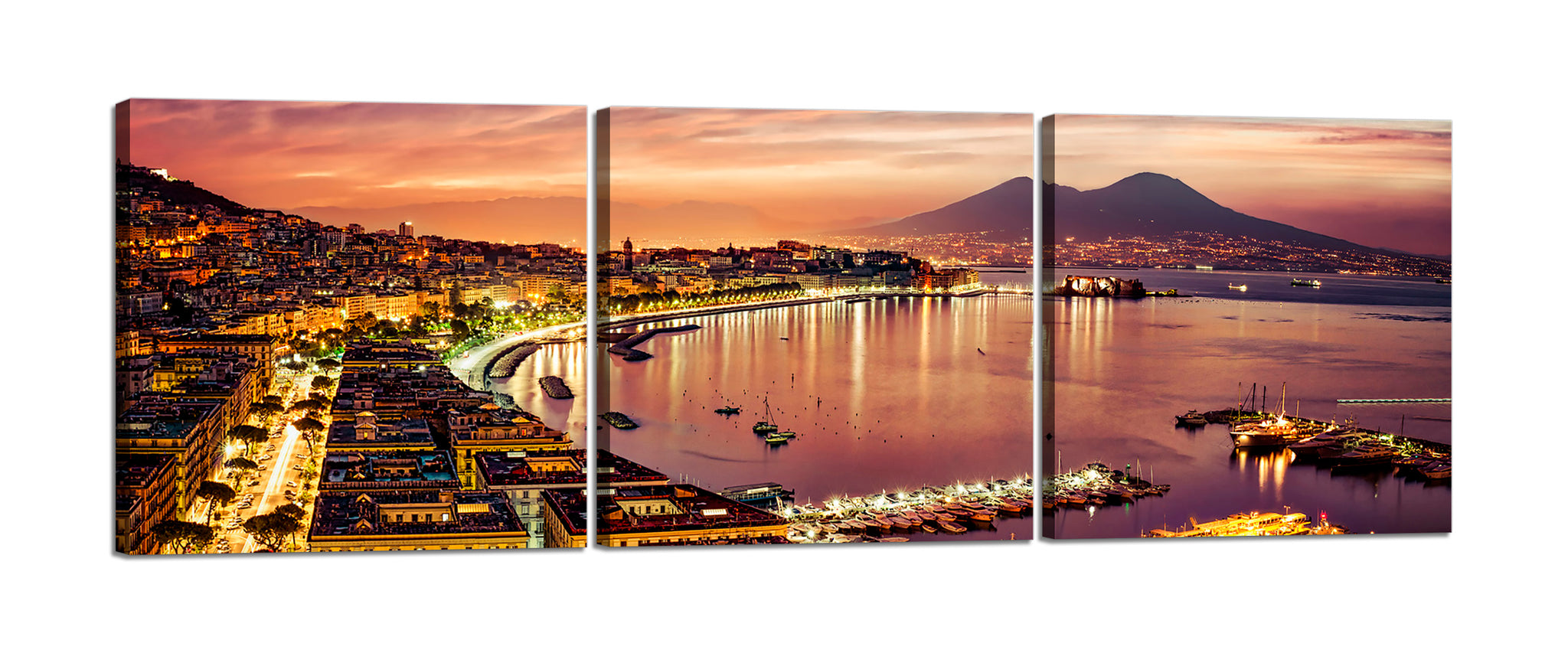 Quadri Stampa su Tela con Telaio in Legno 3 pezzi Panorama Napoli Vesuvio al tramonto