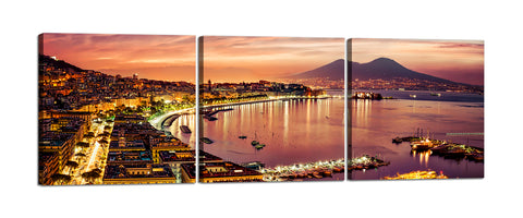 Quadri Stampa su Tela con Telaio in Legno 3 pezzi Panorama Napoli Vesuvio al tramonto