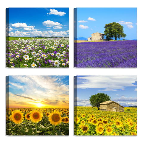Quadri Stampa su Tela con Telaio in Legno 4 pezzi Campi di fiori, Girasoli, Margherite, Lavanda