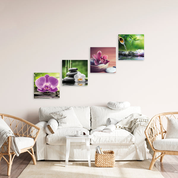 Quadri Stampa su Tela con Telaio in Legno 4 pezzi Giardino Zen con fiori e pietre