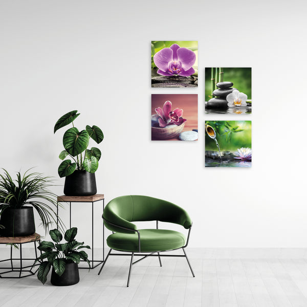 Quadri Stampa su Tela con Telaio in Legno 4 pezzi Giardino Zen con fiori e pietre