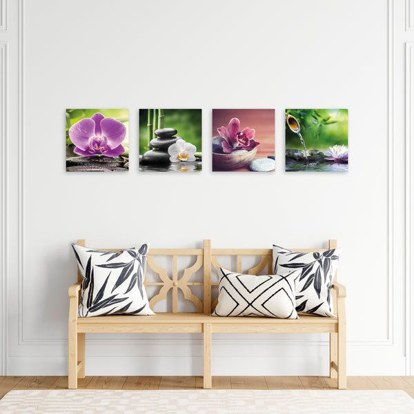Quadri Stampa su Tela con Telaio in Legno 4 pezzi Giardino Zen con fiori e pietre
