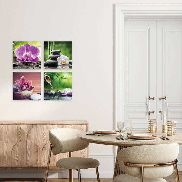 Quadri Stampa su Tela con Telaio in Legno 4 pezzi Giardino Zen con fiori e pietre
