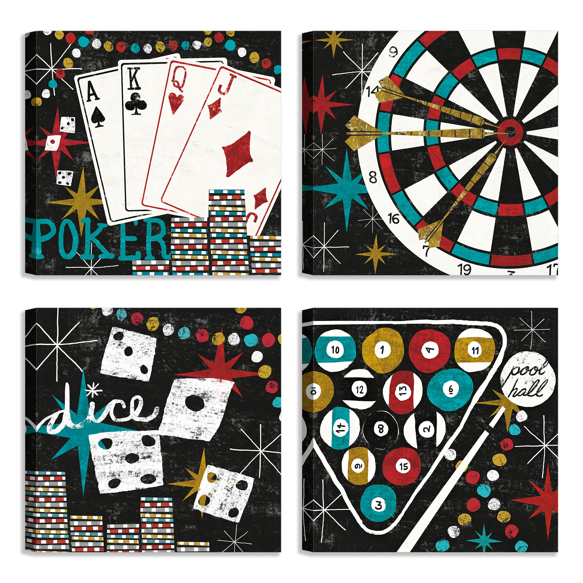 Quadri Stampa su Tela con Telaio in Legno 4 pezzi Vintage Arcade, Poker, Roulette