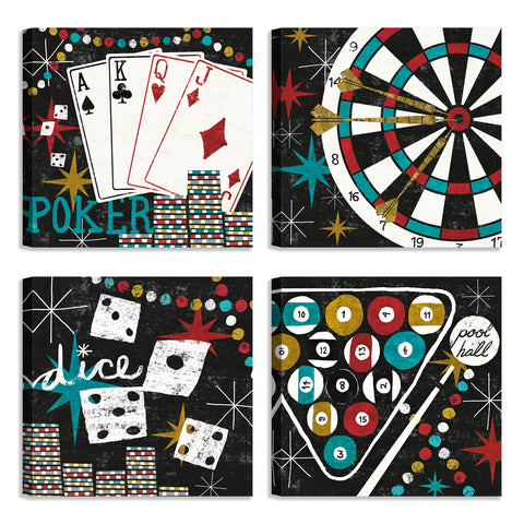 Quadri Stampa su Tela con Telaio in Legno 4 pezzi Vintage Arcade, Poker, Roulette