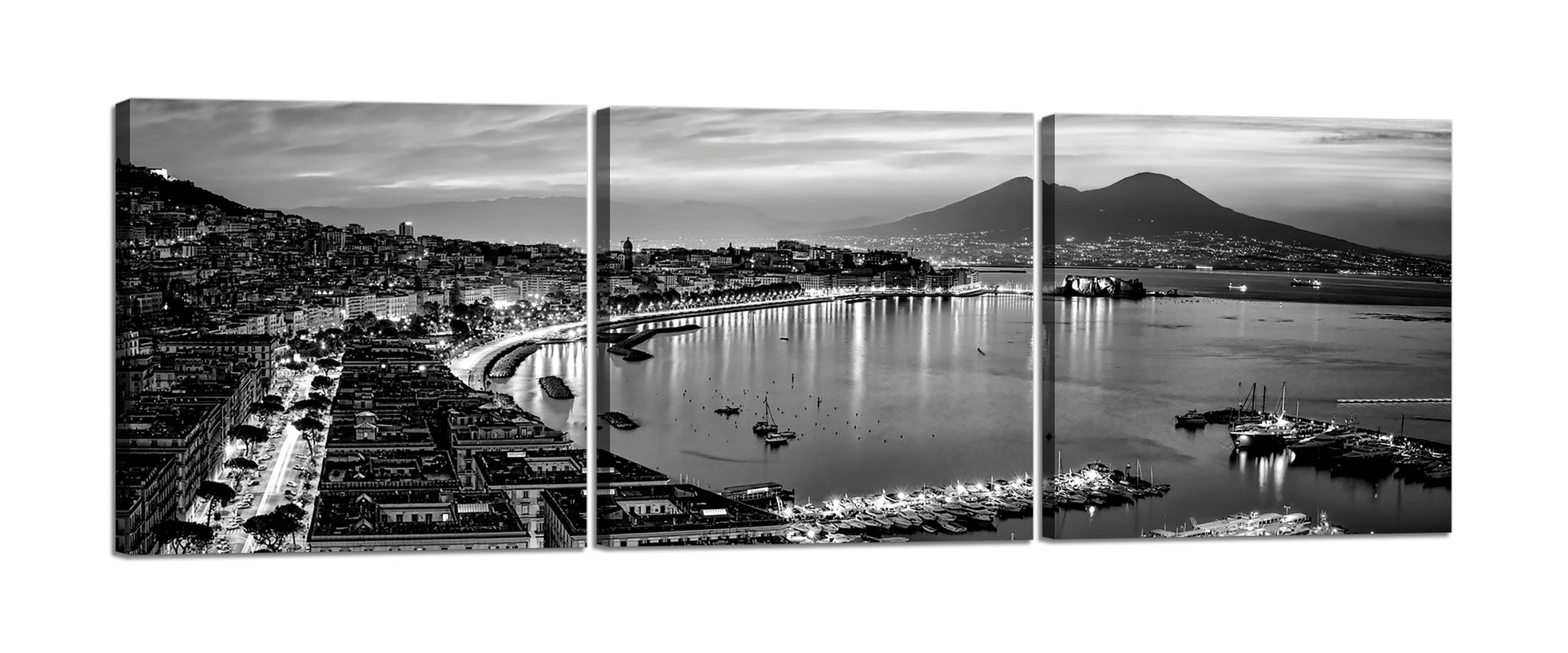 Quadri Stampa su Tela con Telaio in Legno 3 pezzi Panorama Napoli Vesuvio in bianco e nero