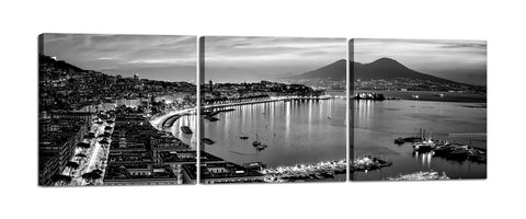 Quadri Stampa su Tela con Telaio in Legno 3 pezzi Panorama Napoli Vesuvio in bianco e nero
