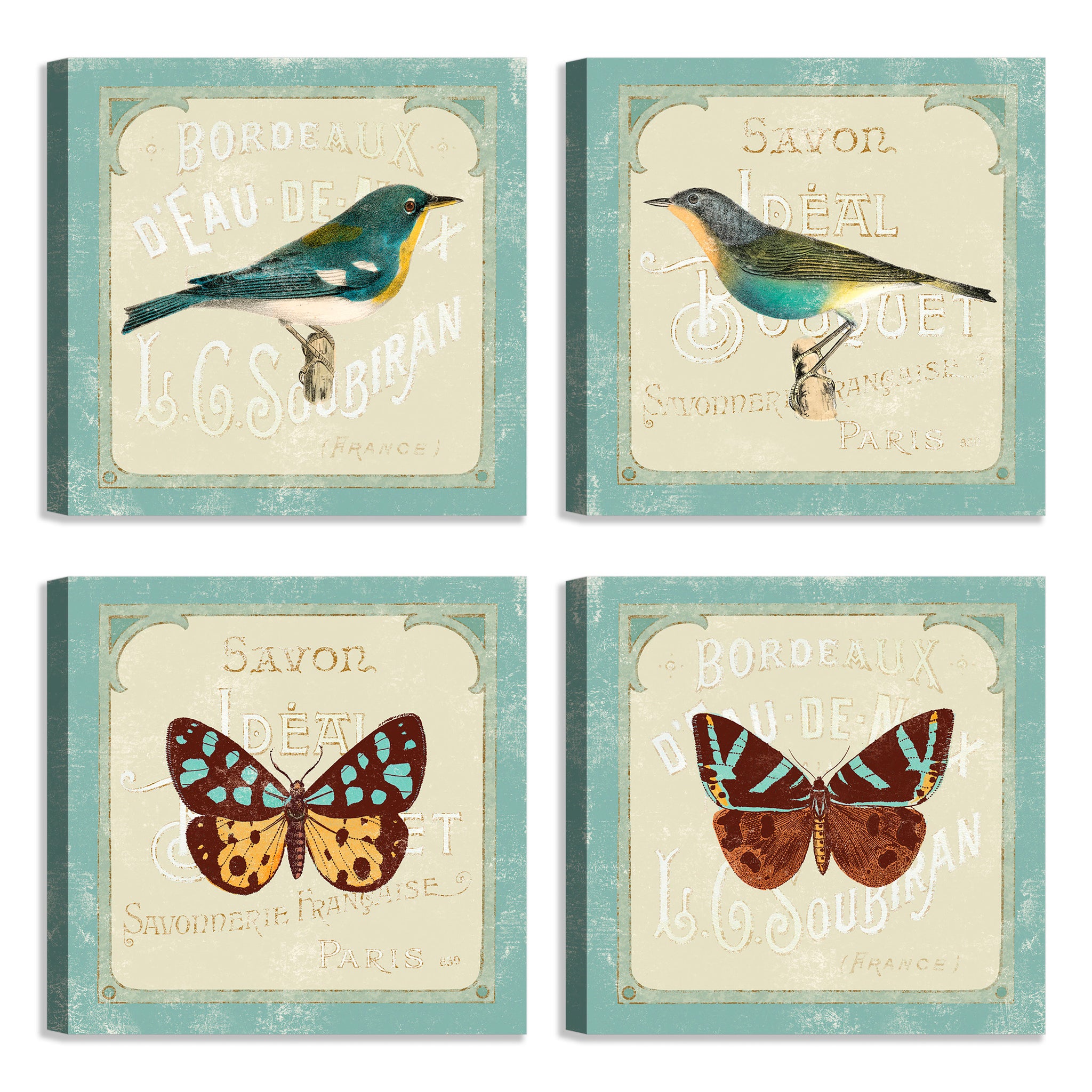 Quadri Stampa su Tela con Telaio in Legno 4 pezzi Uccelli stile shabby chic