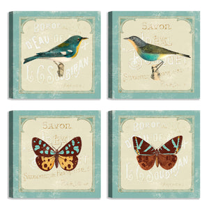 Quadri Stampa su Tela con Telaio in Legno 4 pezzi Uccelli stile shabby chic