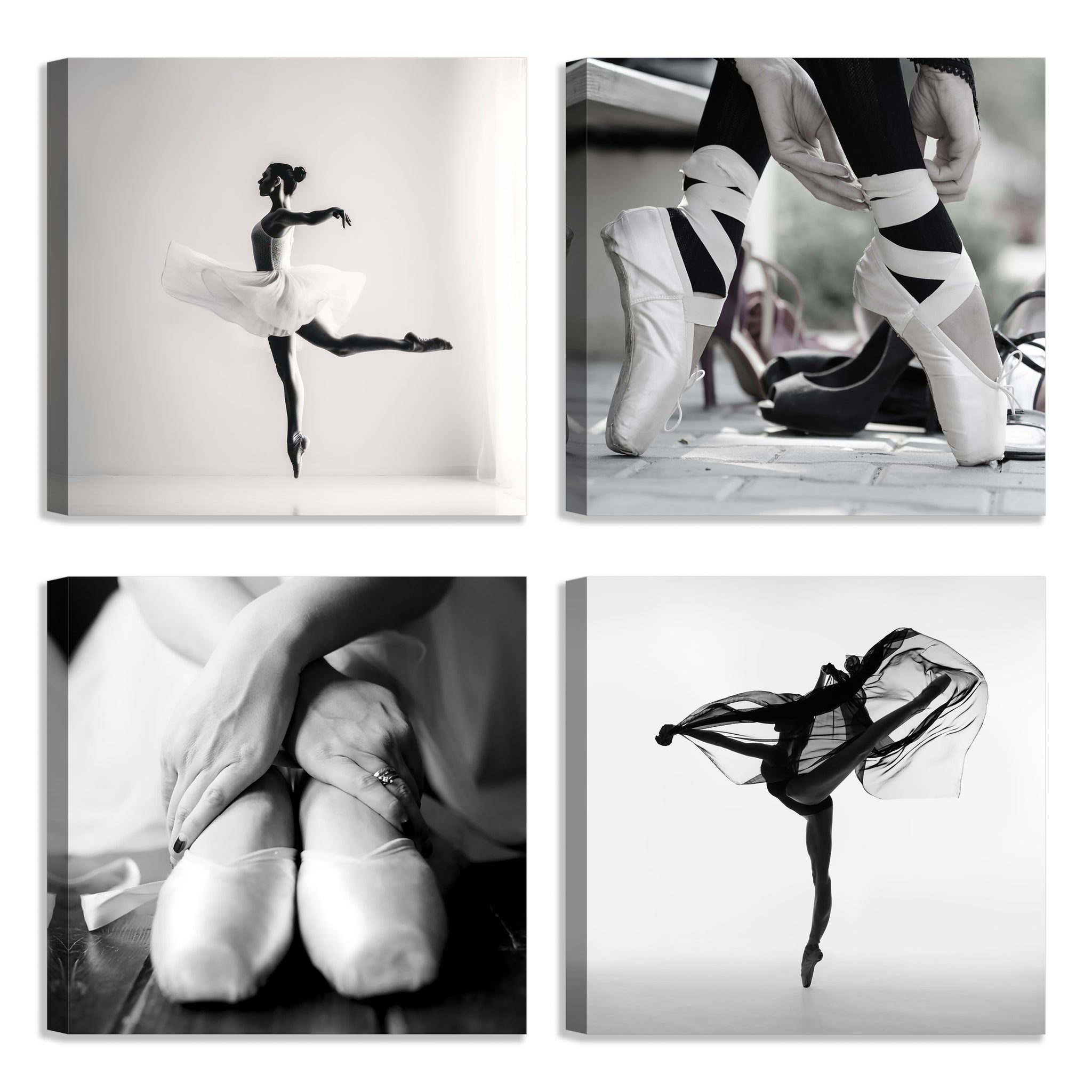 Quadri Stampa su Tela con Telaio in Legno 4 pezzi Ballerina in bianco e nero
