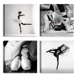Quadri Stampa su Tela con Telaio in Legno 4 pezzi Ballerina in bianco e nero