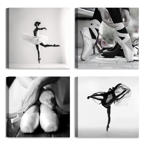 Quadri Stampa su Tela con Telaio in Legno 4 pezzi Ballerina in bianco e nero