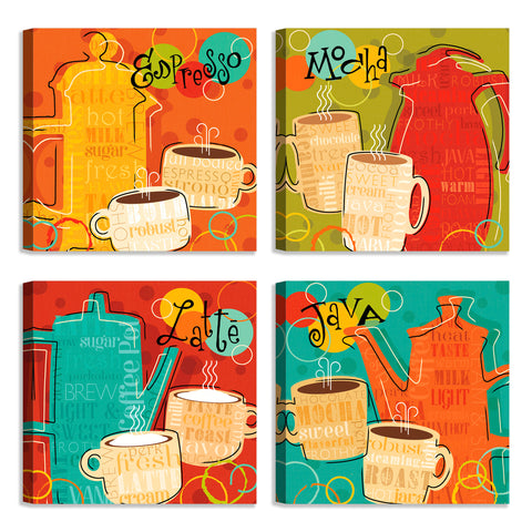 Quadri Stampa su Tela con Telaio in Legno 4 pezzi Caffetteria, Bar, Caffè