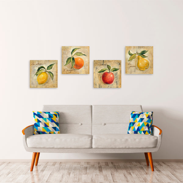 Quadri Stampa su Tela con Telaio in Legno 4 pezzi Frutta in stile vintage Limone, Arancia, Mela, Pera