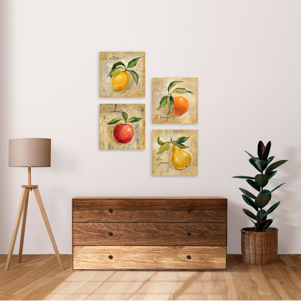 Quadri Stampa su Tela con Telaio in Legno 4 pezzi Frutta in stile vintage Limone, Arancia, Mela, Pera