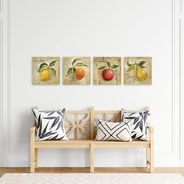 Quadri Stampa su Tela con Telaio in Legno 4 pezzi Frutta in stile vintage Limone, Arancia, Mela, Pera