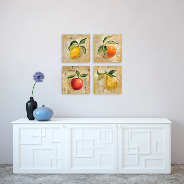 Quadri Stampa su Tela con Telaio in Legno 4 pezzi Frutta in stile vintage Limone, Arancia, Mela, Pera
