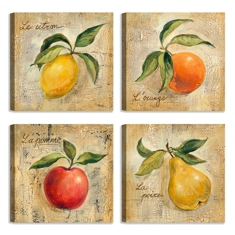 Quadri Stampa su Tela con Telaio in Legno 4 pezzi Frutta in stile vintage Limone, Arancia, Mela, Pera