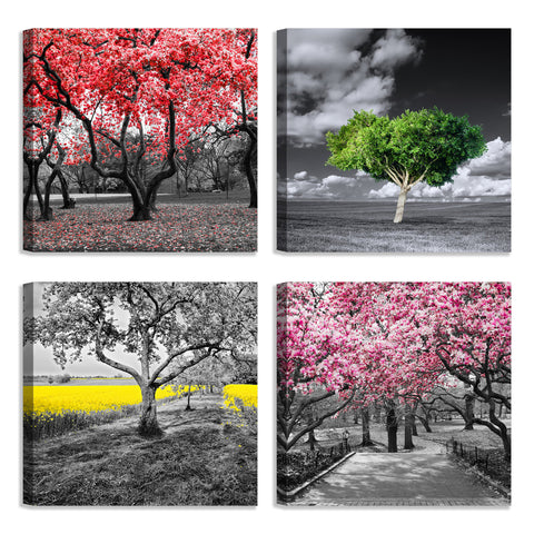 Quadri Stampa su Tela con Telaio in Legno 4 pezzi Alberi con foglie colorate