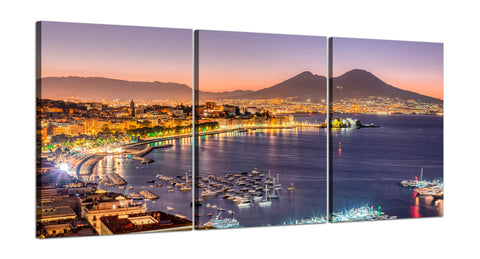 Quadri Stampa su Tela con Telaio in Legno 3 pezzi Panorama golfo di Napoli con vista sul Vesuvio al tramonto