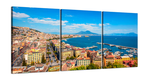 Quadri Stampa su Tela con Telaio in Legno 3 pezzi Panorama Napoli Vesuvio