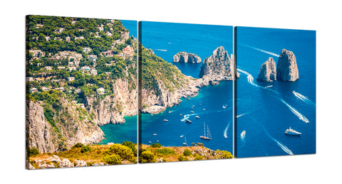 Quadri Stampa su Tela con Telaio in Legno 3 pezzi Panorama Farglioni Capri