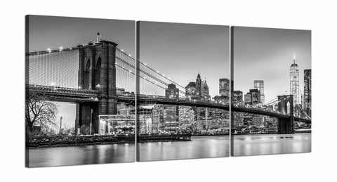 Quadri Stampa su Tela con Telaio in Legno 3 pezzi Panorama New York Ponte di Brooklyn in bianco e nero