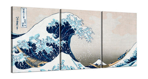 Quadri Stampa su Tela con Telaio in Legno 3 pezzi Hokusai La grande onda di Kanagawa
