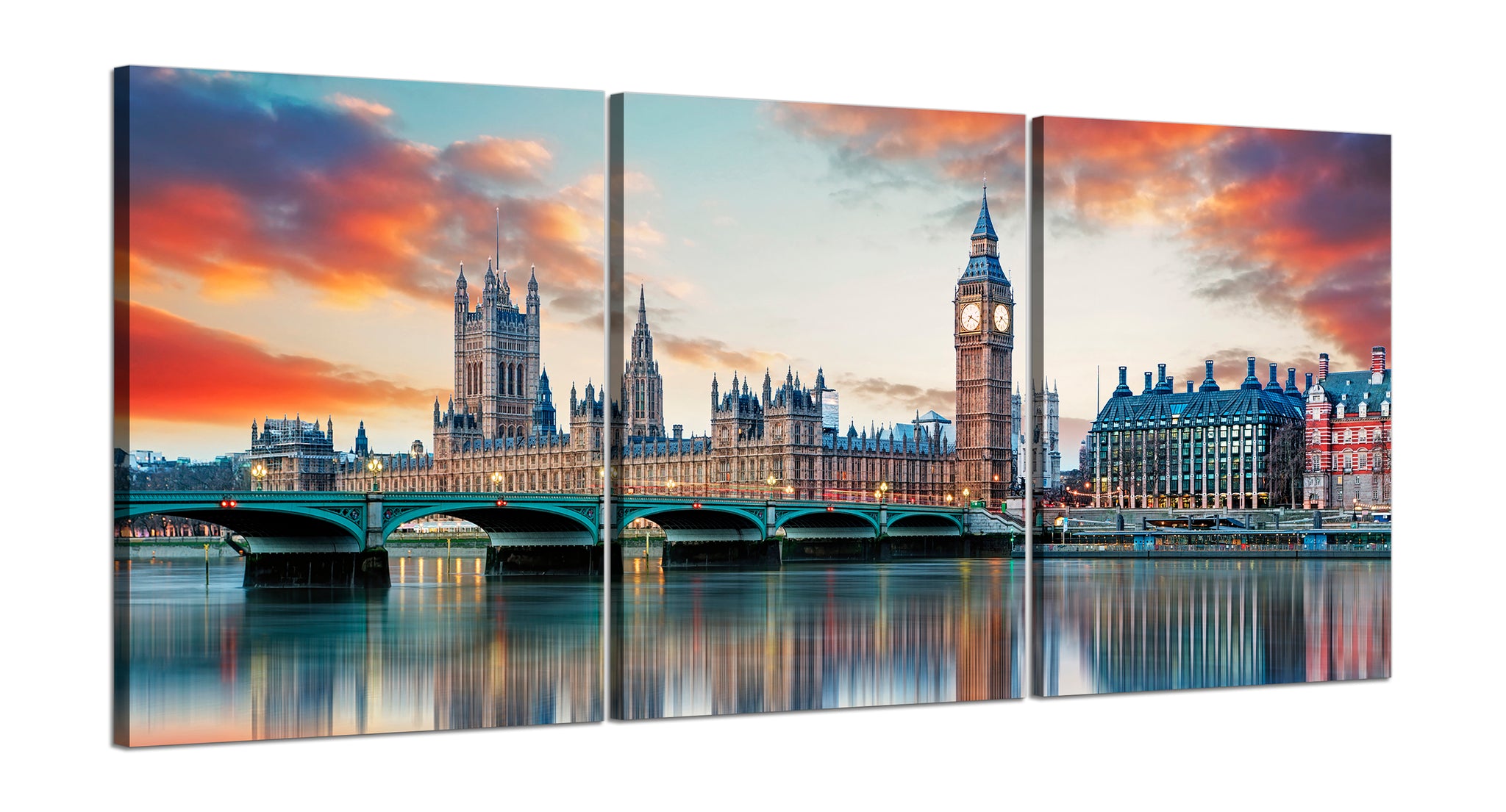 Quadri Stampa su Tela con Telaio in Legno 3 pezzi Panorama Londra Big Ben al Tramonto