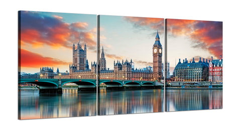 Quadri Stampa su Tela con Telaio in Legno 3 pezzi Panorama Londra Big Ben al Tramonto