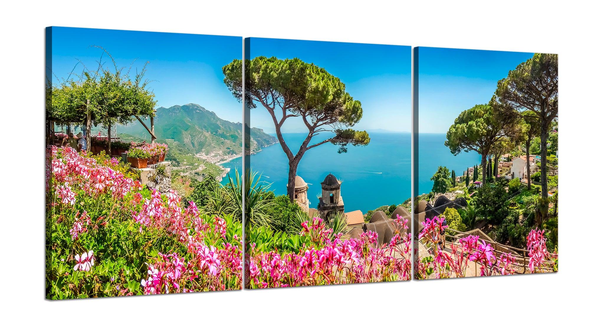 Quadri Stampa su Tela con Telaio in Legno 3 pezzi Panorama costiera Amalfitana Ravello