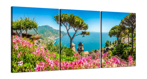 Quadri Stampa su Tela con Telaio in Legno 3 pezzi Panorama costiera Amalfitana Ravello