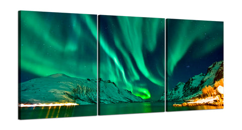 Quadri Stampa su Tela con Telaio in Legno 3 pezzi Aurora Boreale