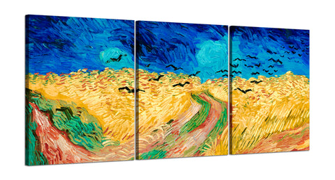 Quadri Stampa su Tela con Telaio in Legno 3 pezzi Vincent Van Gogh Campo di grano con corvi