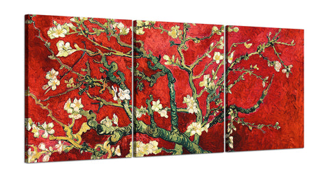 Quadri Stampa su Tela con Telaio in Legno 3 pezzi Vincent Van Gogh Mandorlo in fiore rosso